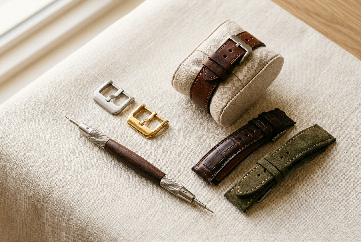 Klockspännen och bandstiftsverktyg på linne