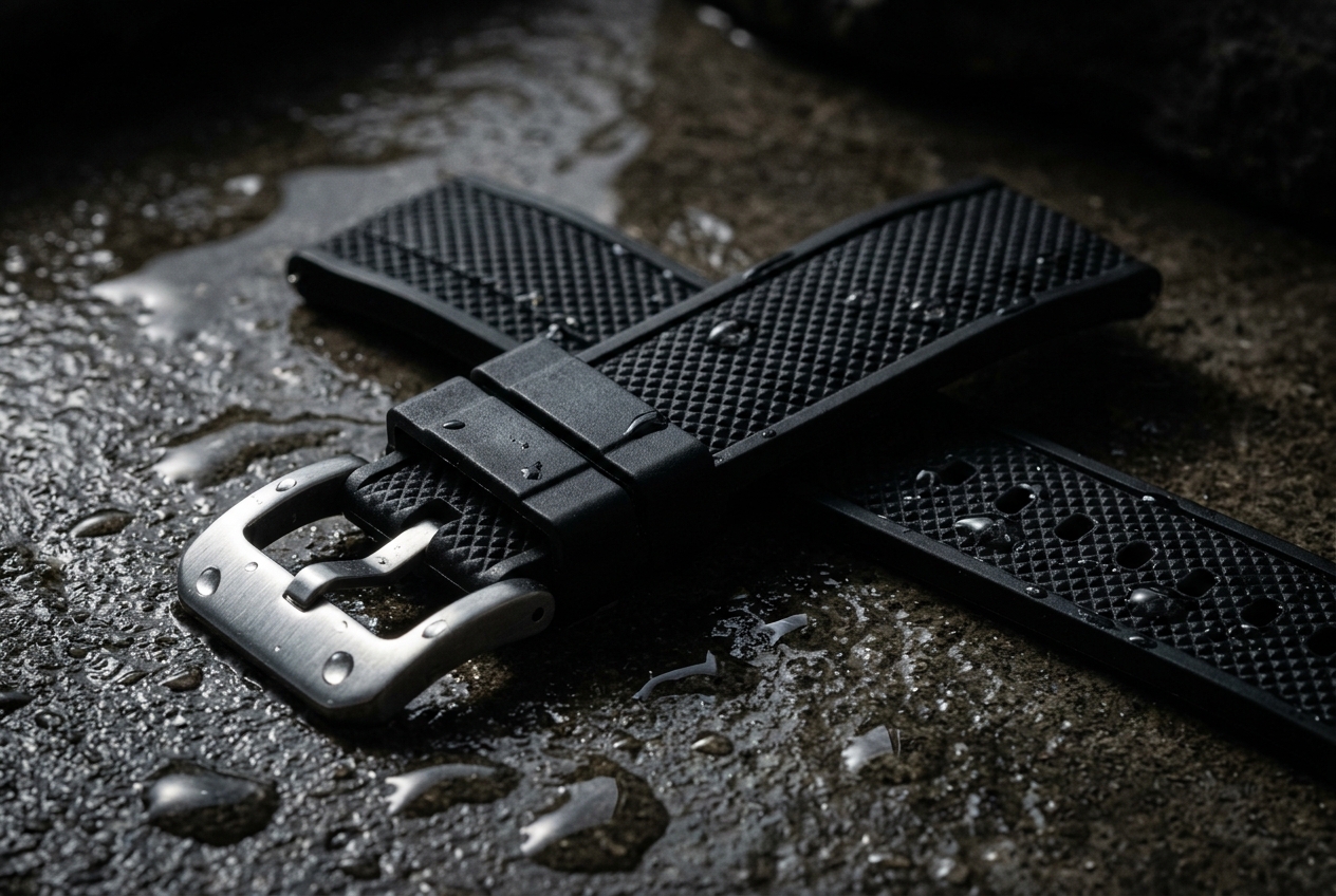 Svart gummiarmband på våt betong