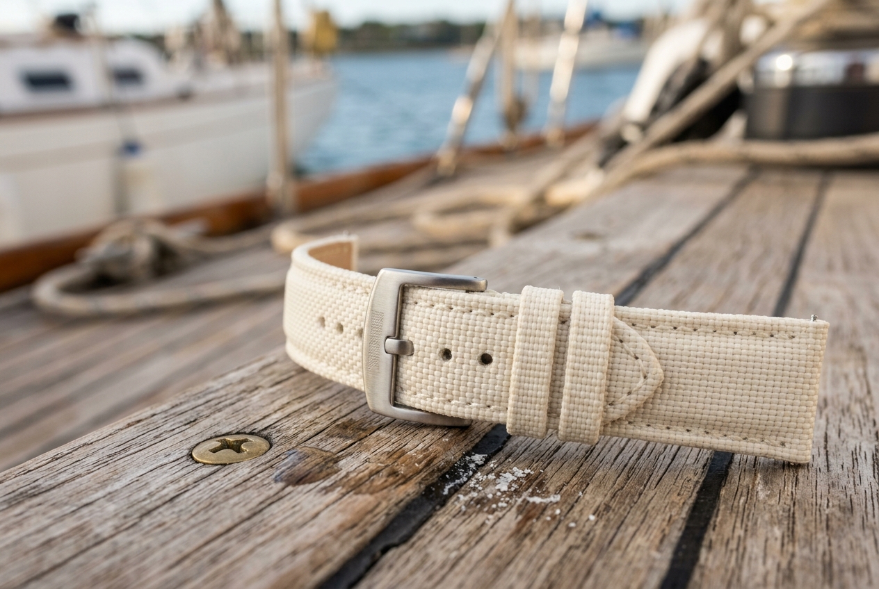 Vitt sailcloth klockarmband på teakdäck
