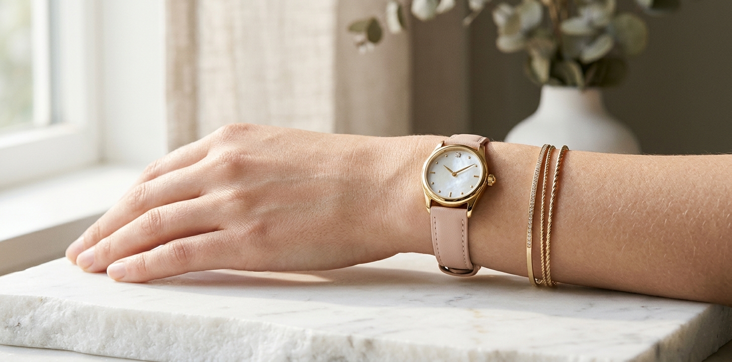 Feminin damklocka med beige läderarmband och guldboett