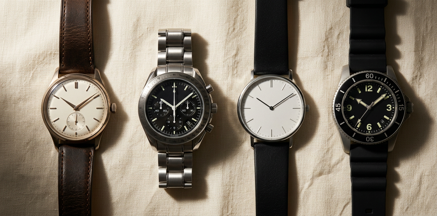 Fyra klockor i olika stilar på linnetyg