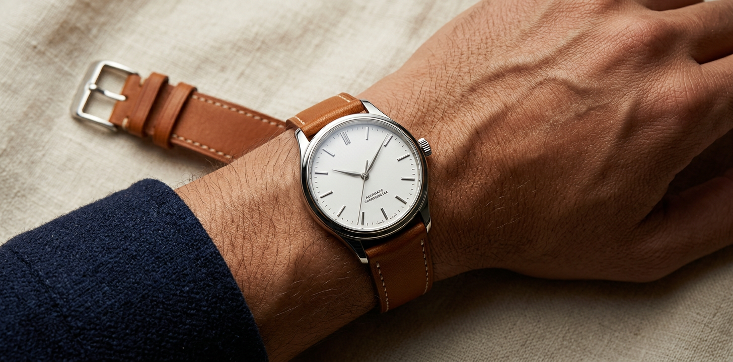 Herrklocka med brunt läderarmband på mans handled